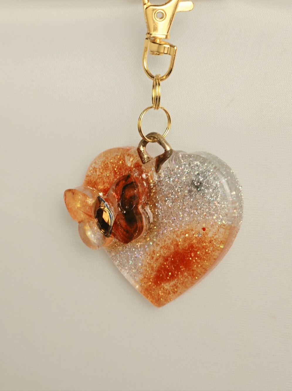 Heart Shaped Glitter Key Charm Keyring - Orange & Silver